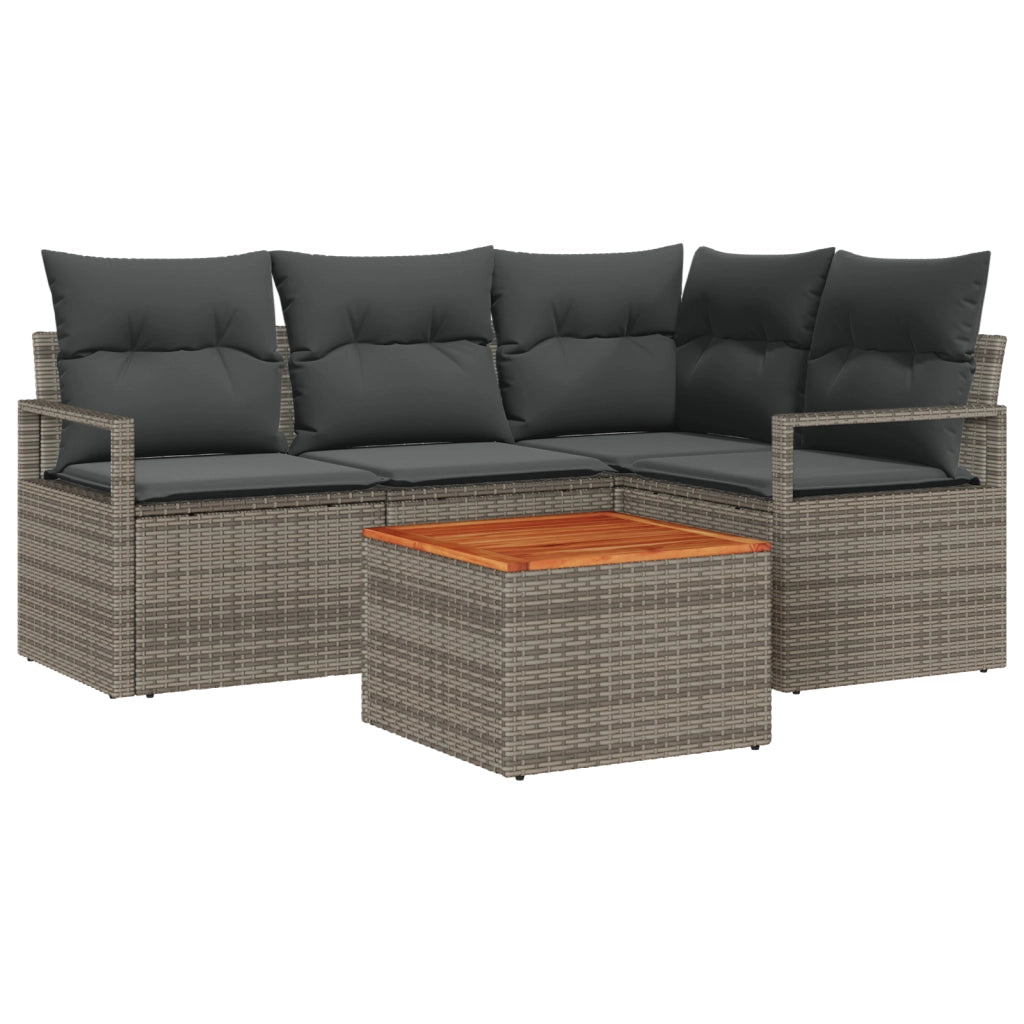 Set di Divani da Giardino 5 Pezzi con Cuscini Grigio Polyrattan Acacia