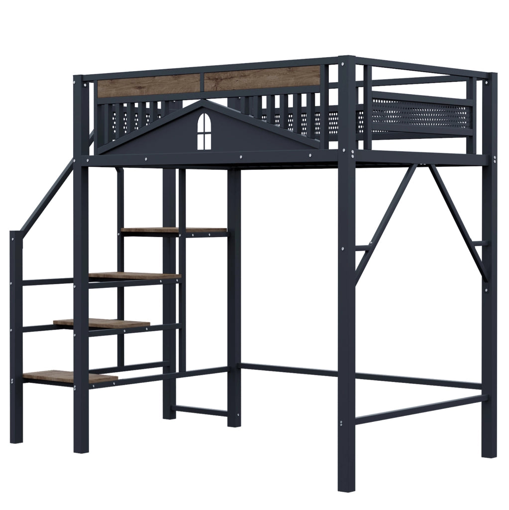Letto a soppalco 140x200 cm con scala di sicurezza e spazio contenitore in metallo e legno nero
