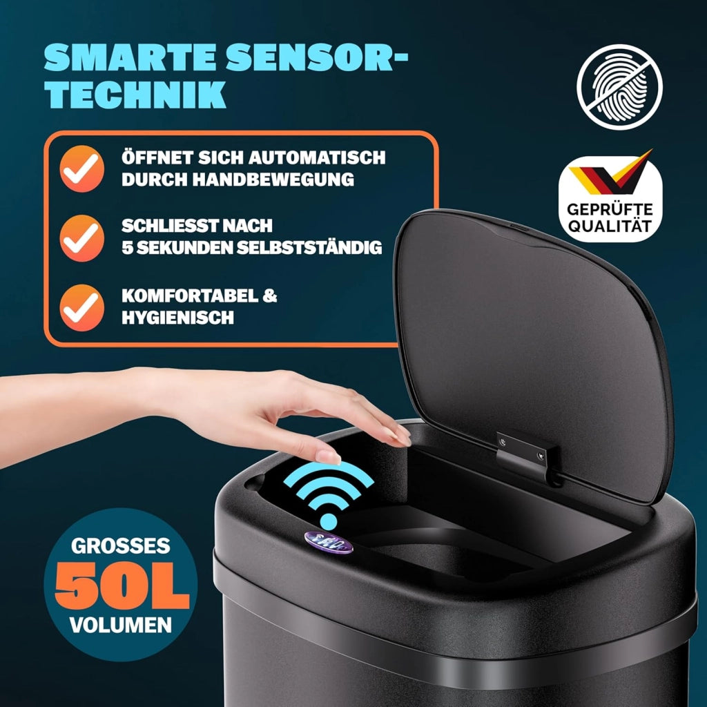 ® Cestino per Rifiuti con Sensore 50L in Acciaio Inox Pattumiera con Fissaggio Coperchio incl. Cavo USB Secchio Display LED