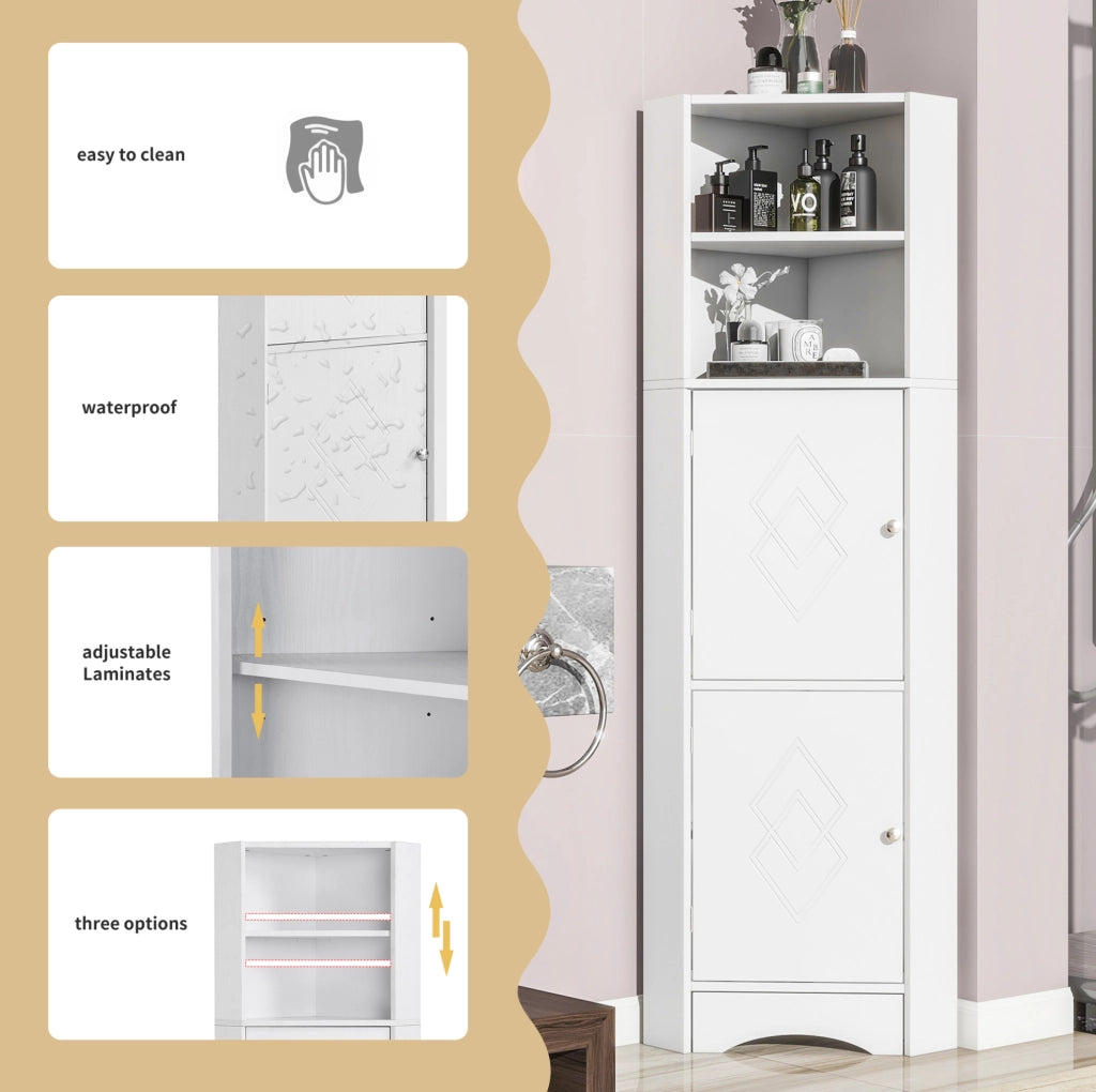 Mobile angolare per bagno con 2 ripiani regolabili, 36,5 x 36,5 x 155 cm, bianco