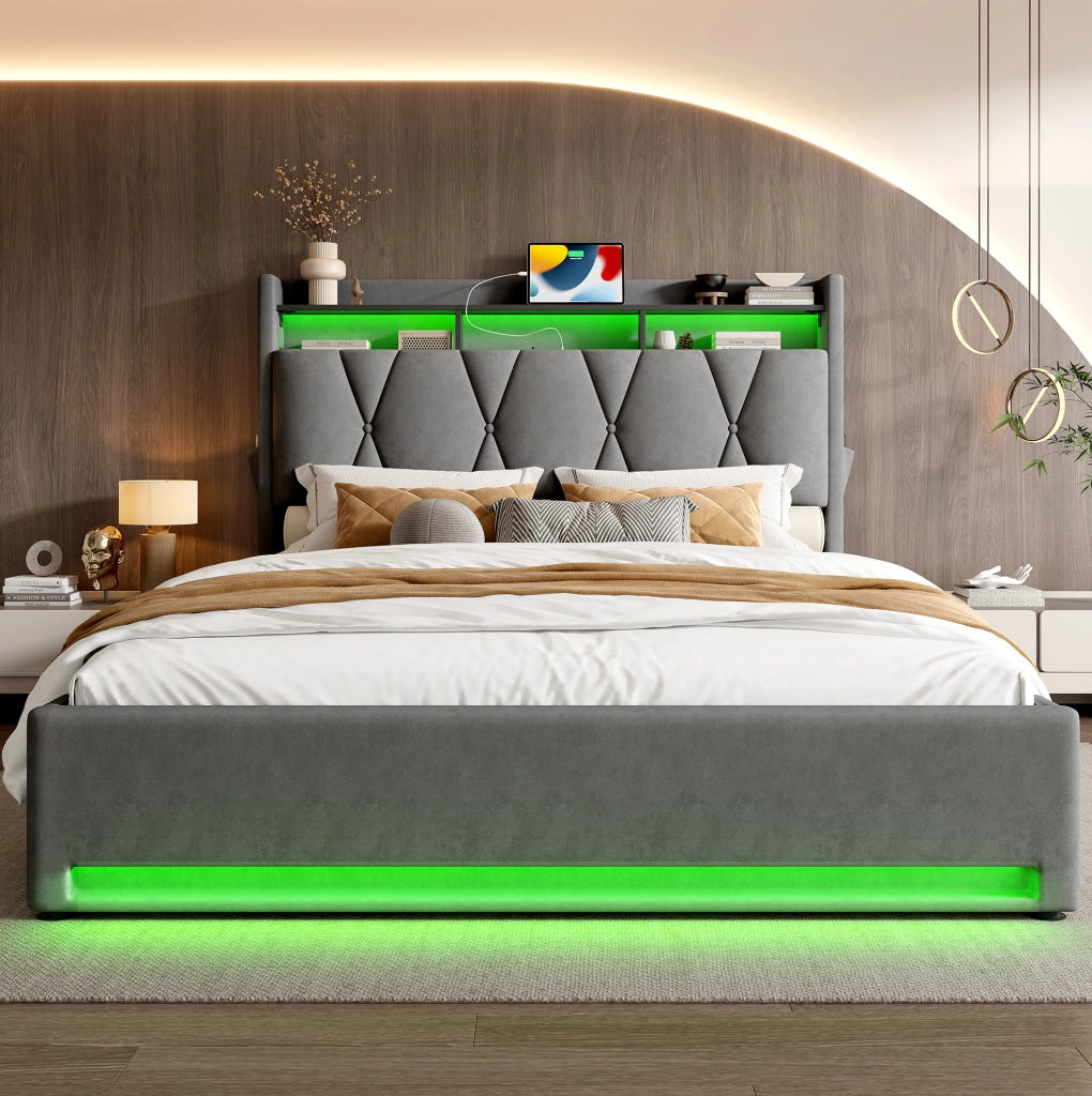 Letto imbottito 160x200 cm con LED, USB-C e vano contenitore