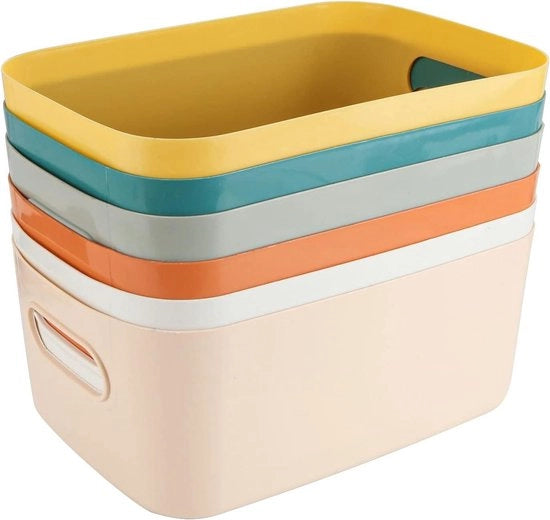 Scatola di archiviazione in plastica 6 pezzi, diverse colori, 24 x 16 x 9 cm, per cucina, ufficio, bagno, giocattoli, contenitori aperti con maniglie.