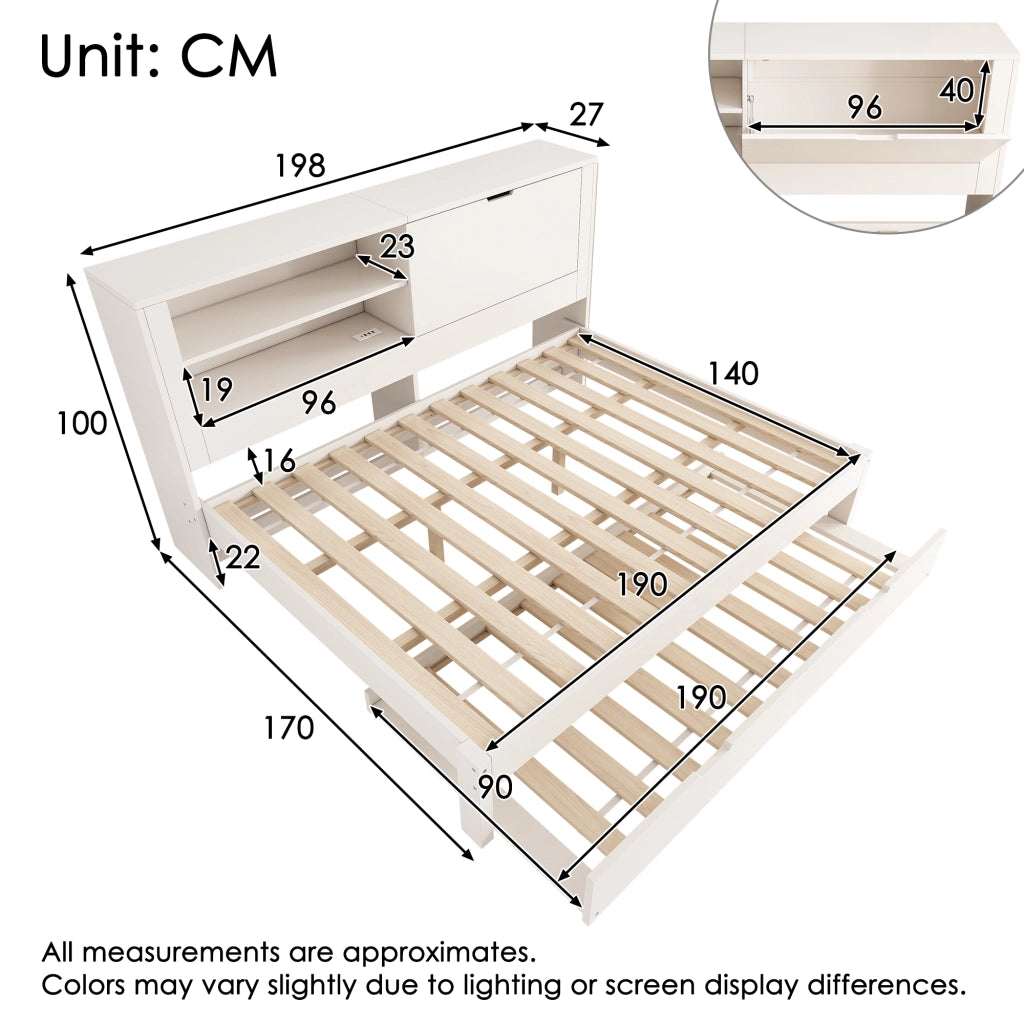 DESMIU Divano letto 140 × 190 cm 2 posti con letto estraibile, contenitore, USB e Type-C, senza materasso, bianco