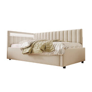 Letti contenitori 90x200 cm con LED e contenitore idraulico; velluto beige (Senza materasso)
