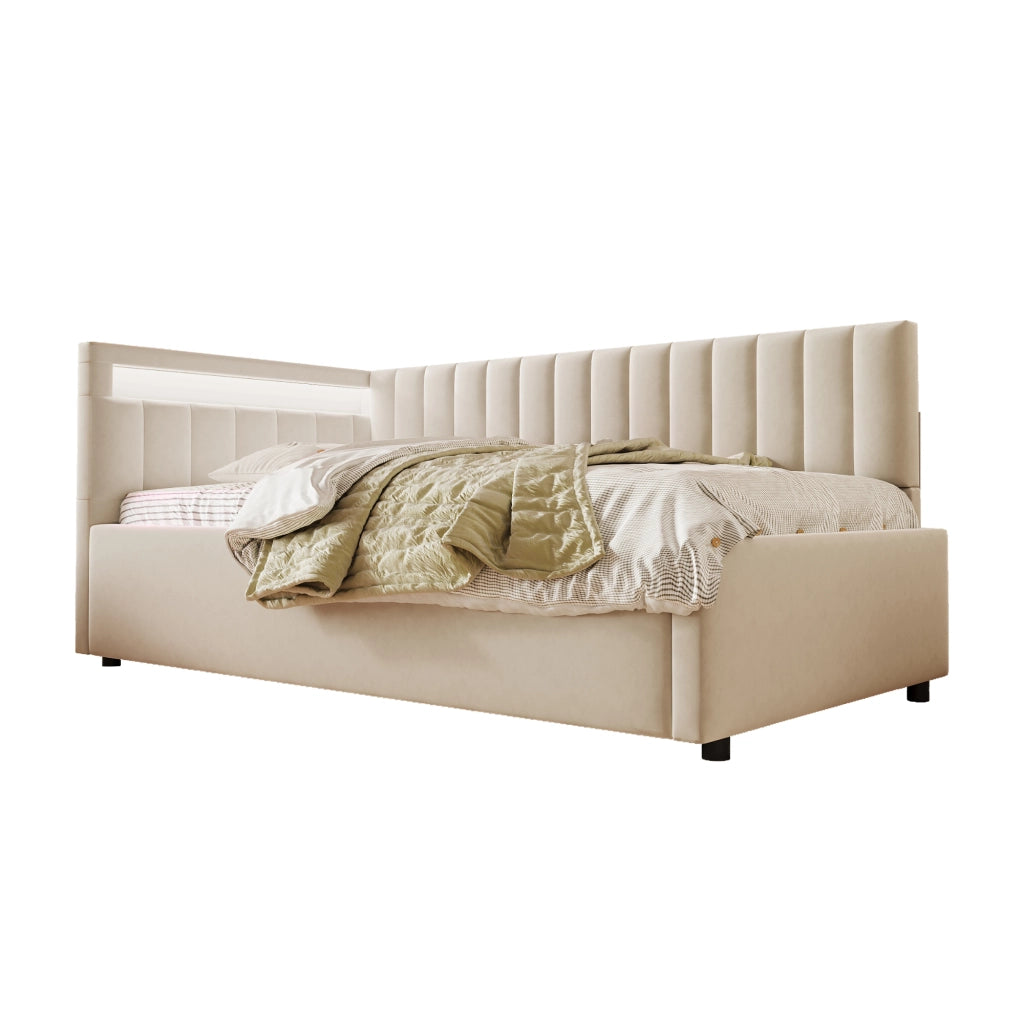 Letti contenitori 90x200 cm con LED e contenitore idraulico; velluto beige (Senza materasso)