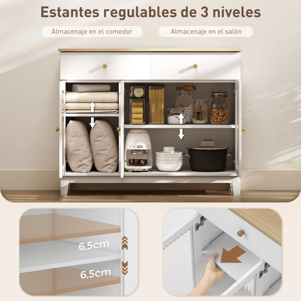 Credenza con 3 ante vetrate 2 cassetti e ripiani regolabili ¨C zephmum ¨C 100x35x80 cm bianco