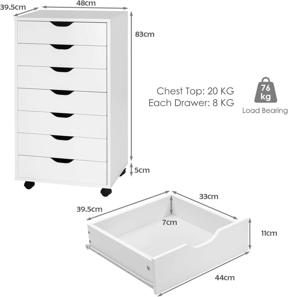 Cassettiera con 7 cassetti, con ruote, cassettiera in legno, per casa e ufficio, 48 x 40 x 88 cm (bianco, 7 cassetti)