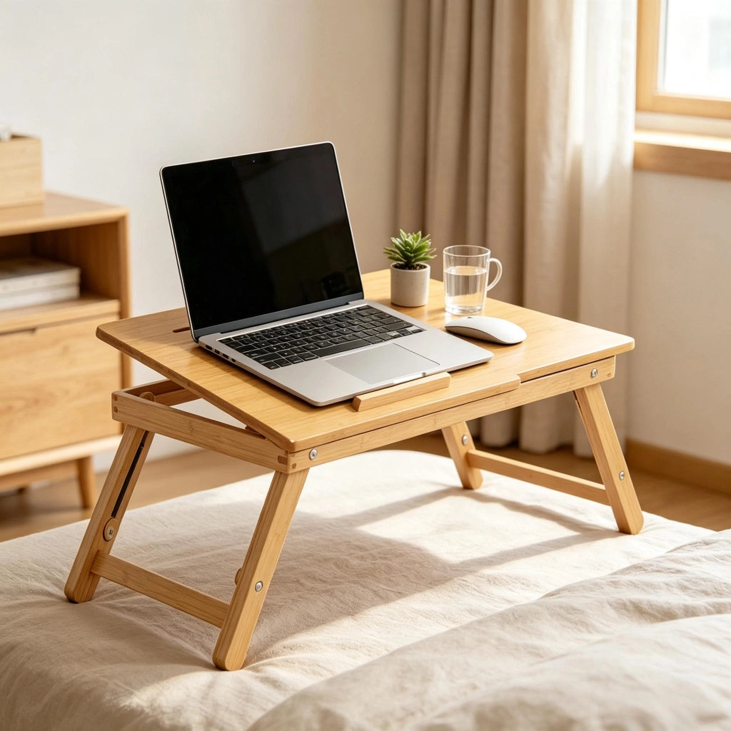 Tavolino pieghevole con cassetto e piano inclinabile per letto in bambù 55×35×22-32.5 cm