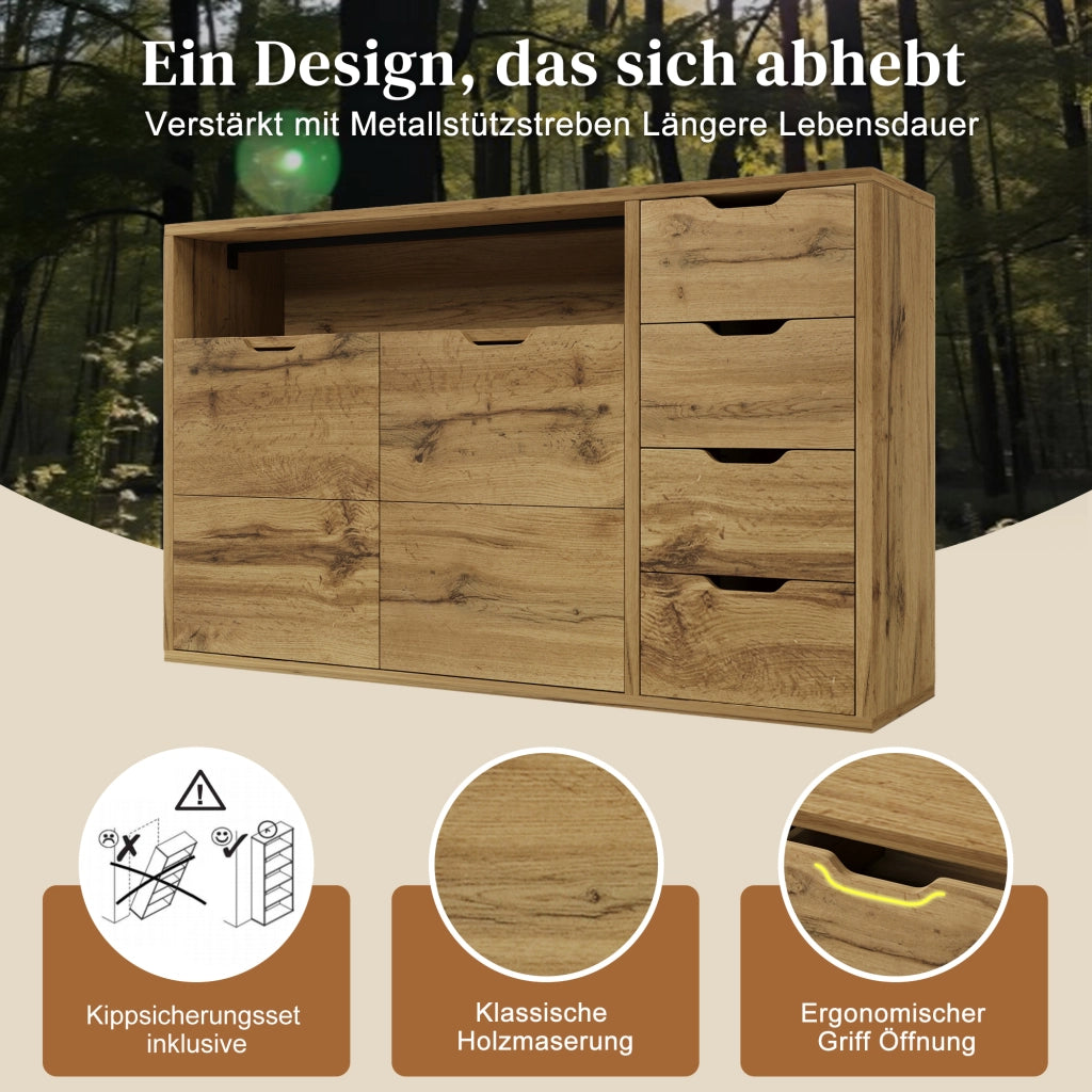 COMMODE Sideboard 150x40x90 cm effetto rovere con 2 ante, 4 cassetti e vano aperto