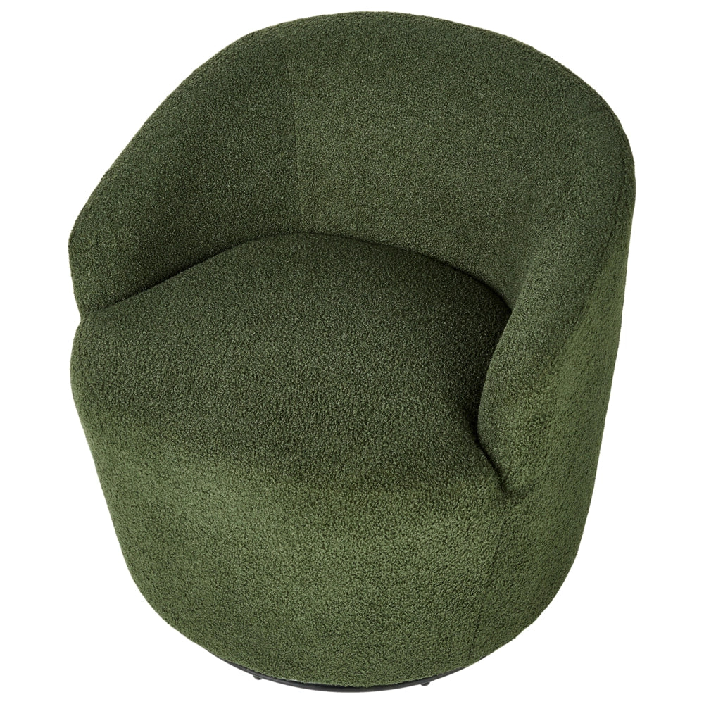 Poltrona con schienale curvo in tessuto bouclé verde base girevole 360° Art Deco dorato