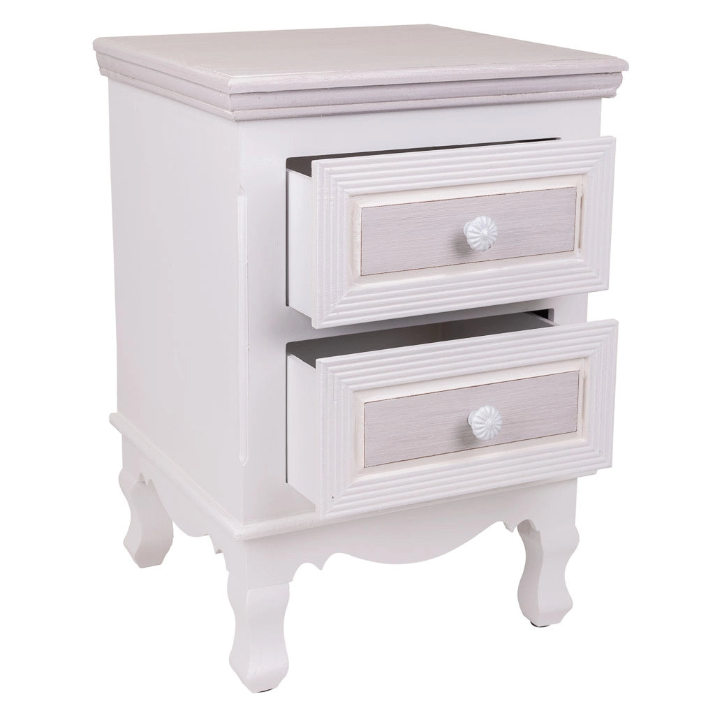 Comodino in legno con 2 cassetti bianchi 37x33,5x53.