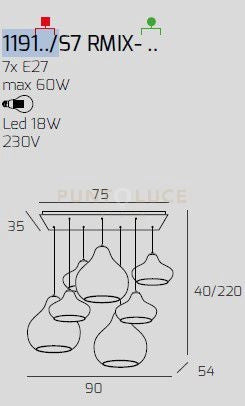 SOSP. OTTONE SATINATO 7 LUCI RETTANGOLARE VETRI (4 X PICCOLO + 3 X GRANDE) TUTTI RUBINO 1191OS-S7 RMIX-RU