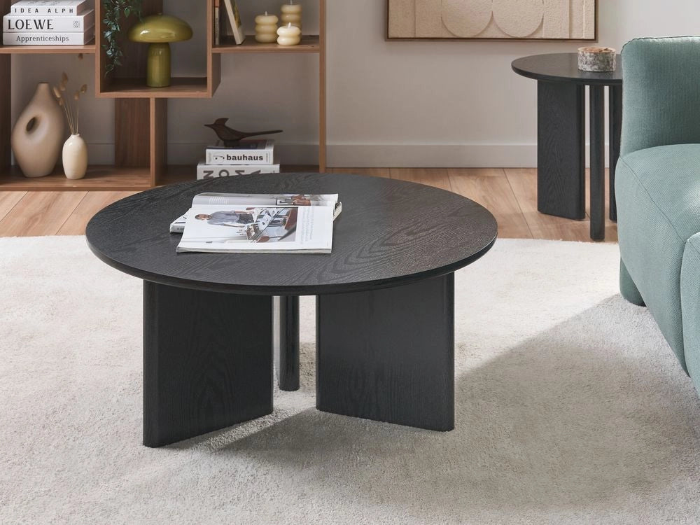 Tavolino nero in MDF con impiallacciatura in carta rotondo con 3 gambe a pannelli per soggiorno stile moderno