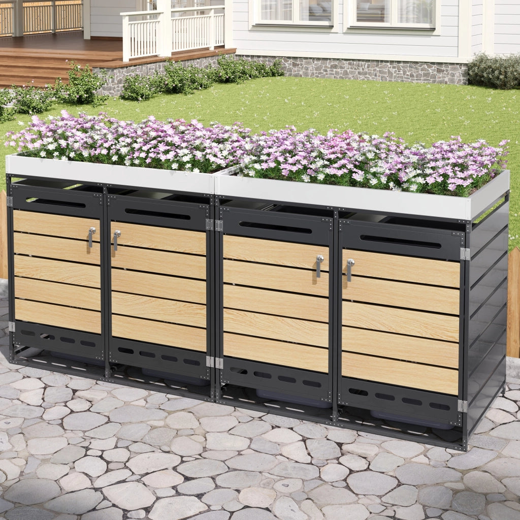 OKWISH Copribidoni 4 vani con fioriera integrata, 4 scomparti con serratura, ventilazione, ferro nero