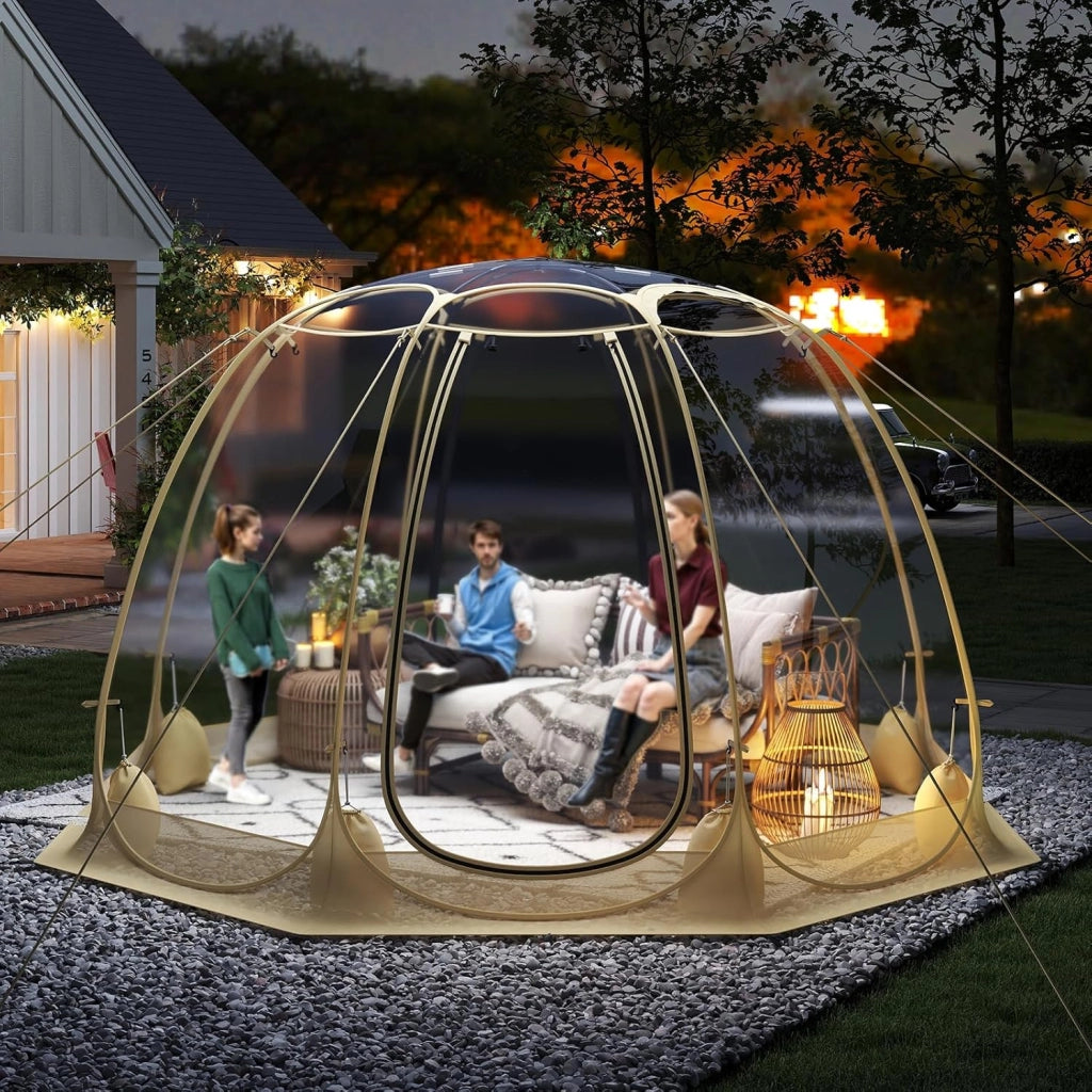 Tenda a Bolle Pop Up, Tenda da Campeggio Trasparente per 5-6 Persone, Antivento e Impermeabile, Igloo Portatile da Giardino in PVC, per Pesca, Spiaggia, Eventi Sportivi e Attività all’Aperto