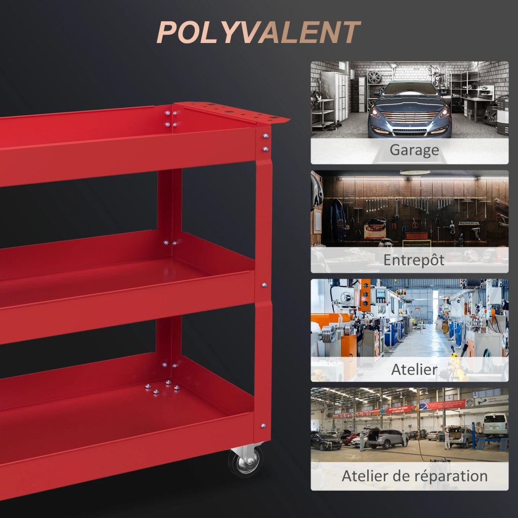 Carrello da lavoro con 3 ripiani e ruote ¨C Zephmum ¨C Rosso, acciaio, 83x35.3x76 cm