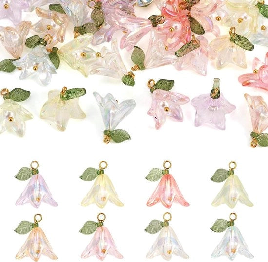 Fiori di loto con perle e foglie verdi pendenti hangers fiori foglioline fiori pendenti per catenina orecchini gioielli da fare in casa 32 pezzi Acryl - PandaHall