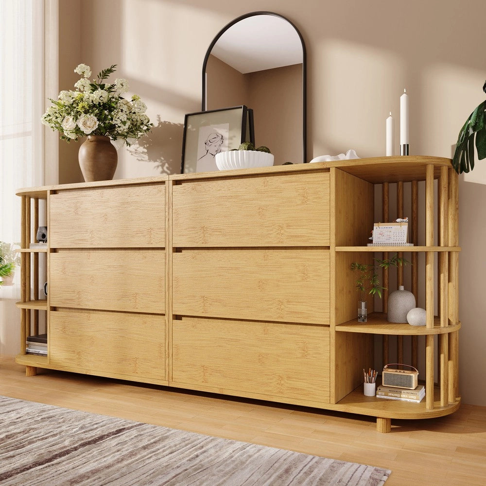 Cassettiera Sideboard con Ripiani in Bamb¨´ e Colonne ¨C MINIMAL ¨C Rovere, 6 Cassetti, 160x75x40 cm