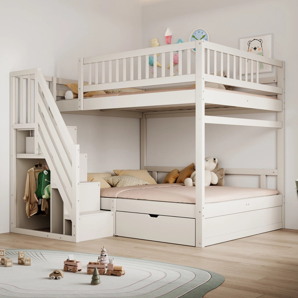 Letto a castello in legno massello 140x200 cm con scala contenitore e cassetti; bianco