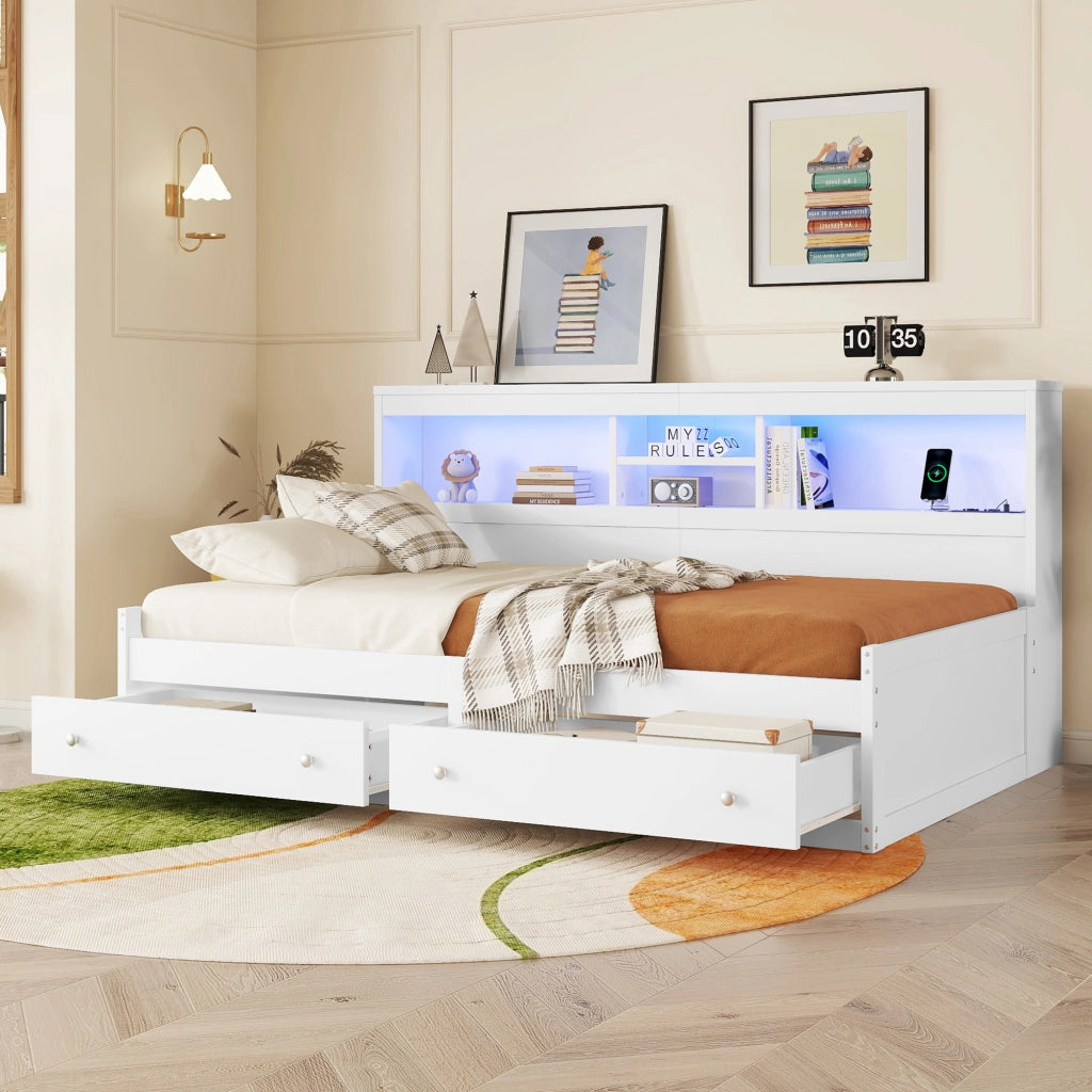 OKWISH Letto Divano 90×200 cm, Letto Singolo con 2 USB, 2 Prese, LED Regolabile e 2 Cassetti, senza Materasso, Bianco