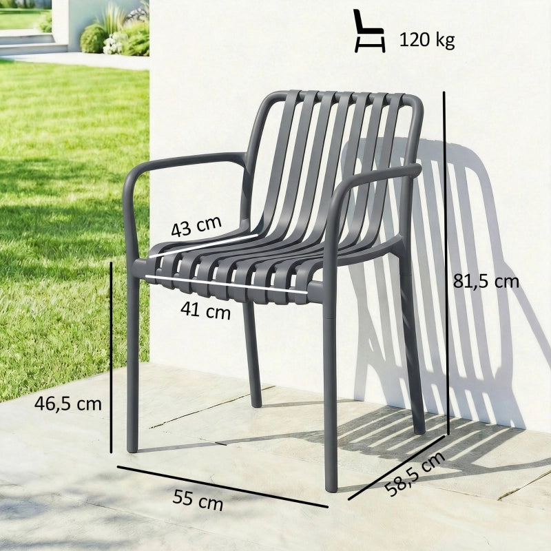 Set di 4 sedie da giardino impilabili con braccioli, design a lamelle, grigio scuro
