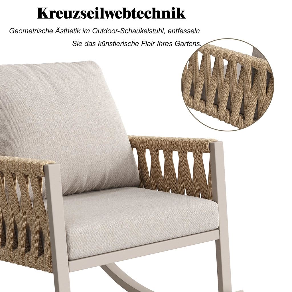 Sedia a dondolo da esterno in ferro beige con braccioli in corda e cuscini resistenti agli schizzi 65 × 79 × 78 cm