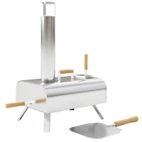 Forno per Pizza a Pellet di Legno con Pietra Refrattaria e Pala, in Acciaio Inox, 79x36x75 cm, Argento