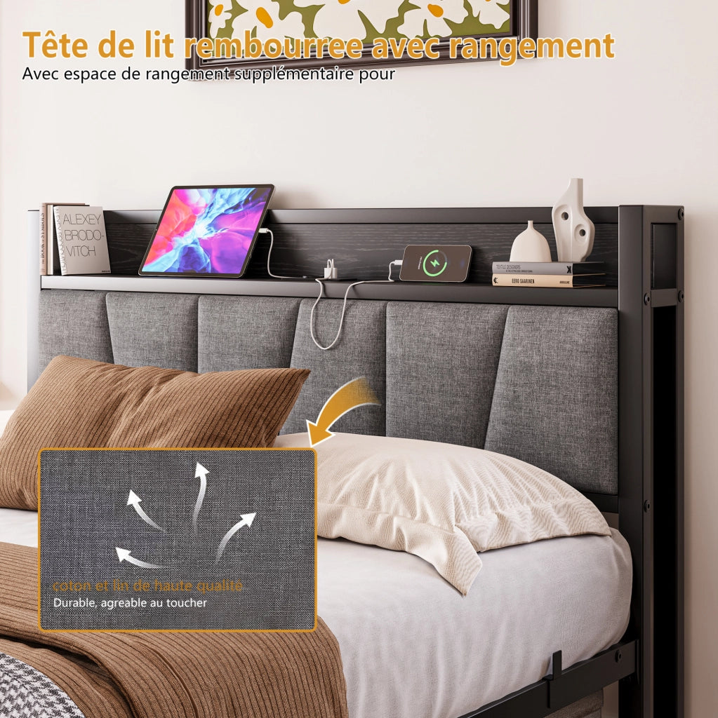 Letto matrimoniale 140x190 cm con LED; testiera contenitore e ricarica USB; nero