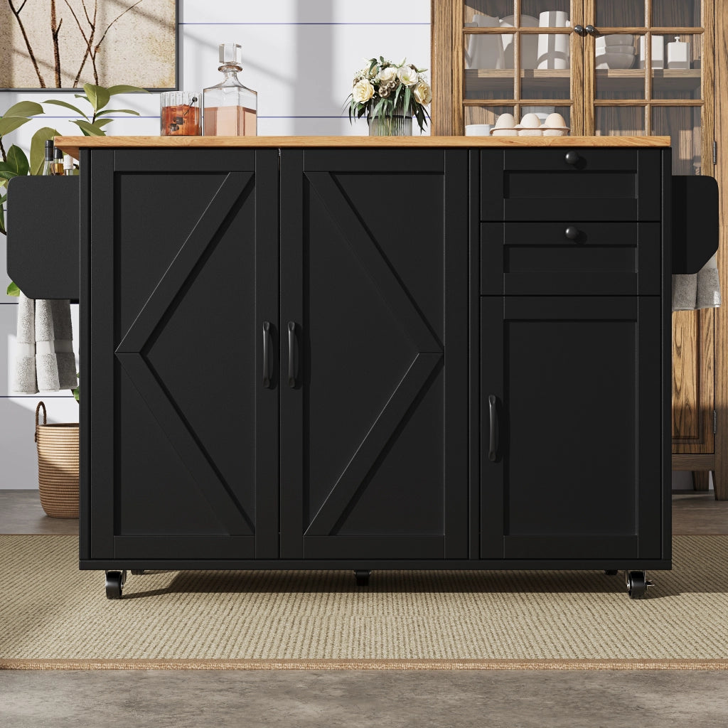 Carrello da Cucina con 2 Cassetti e Ripiani su 2 Lati Piano Pieghevole con Ruote in MDF Nero