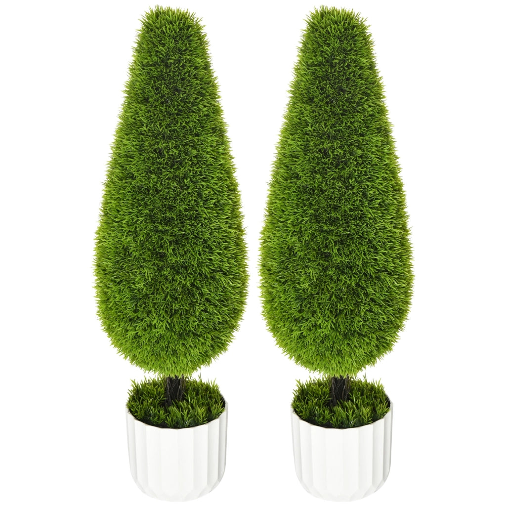 EasyComfort Set 2 Piante Finte di Cipresso con Vasi Ø12x16 cm, Muschio e Cemento, in PE e Plastica, Verde e Bianco