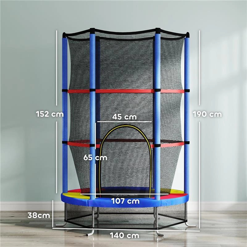 TAPPETO ELASTICO PER BAMBINI 3-6 ANNI CON RETE DI PROTEZIONE 6 COLONNE E 3 INGRESSI Ø 140X190 CM MULTICOLORE