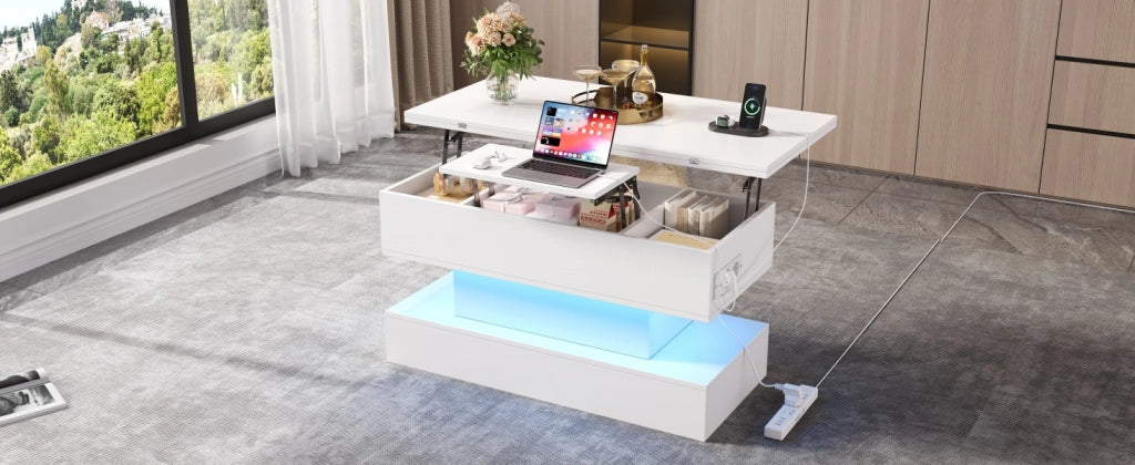 Tavolino da salotto sollevabile bianco 100x50cm con luci LED e prese USB