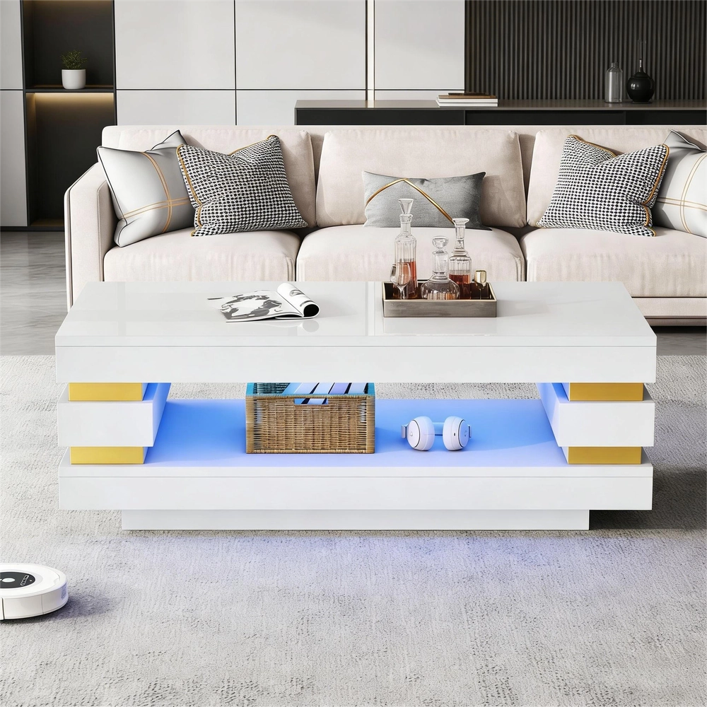 Tavolino da Caff¨¨ con Vano Contenitore e LED ¨C Xylo ¨C Truciolato Bianco Lucido, 100x50x35