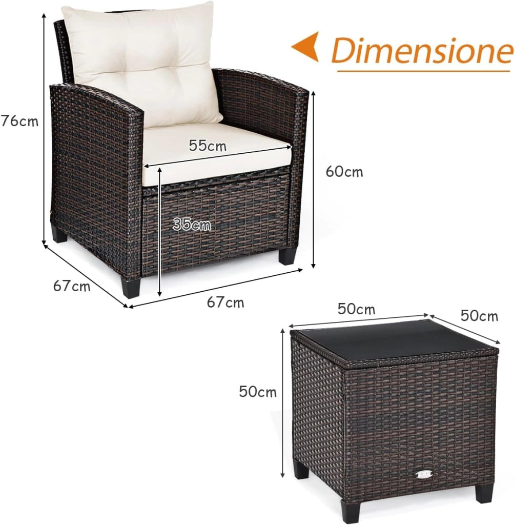 Set di 3 Pezzi di Mobili da Giardino, 1 Tavolo con Piano in Vetro Temprato e 2 Poltrone da Salotto, 4 Cuscini Rimovibili, per Giardino Piscina e Prato (Bianco)