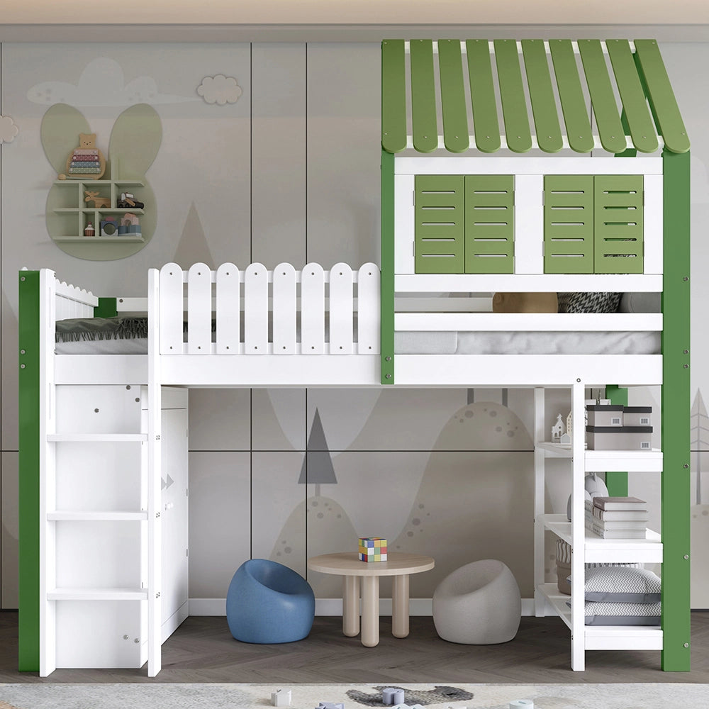 Letto a soppalco bambini - Xylo - 90x200 cm armadio pino verde
