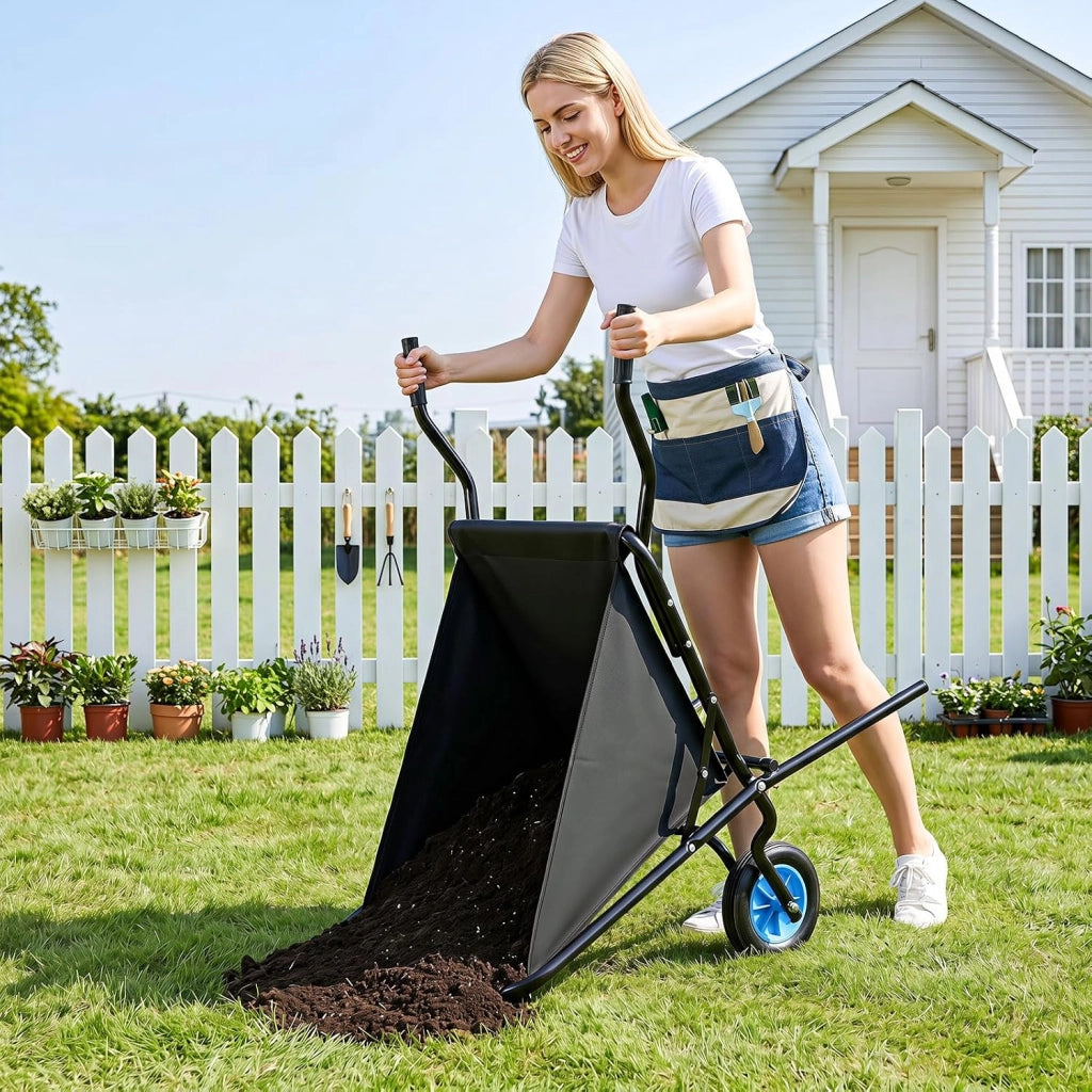Carriola da Giardino Pieghevole con Tasca in Tessuto Oxford | Carrello da Esterno con Manico Antiscivolo, Struttura in Metallo, Ruota e Grande Capienza da Cortile e Fattoria