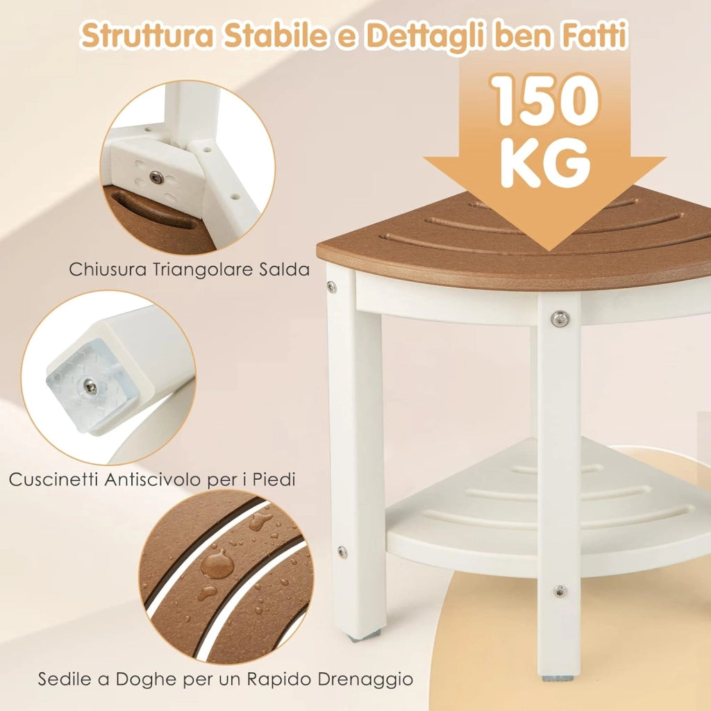 Sgabello Doccia, Sedia da Bagno Angolare in Polietilene con Ripiano, Sedile Multiuso a 2 Livelli per Uso Interno o Esterno, 32,5x32,5x43,5 cm, Capacità di Peso 150 kg (Marrone)