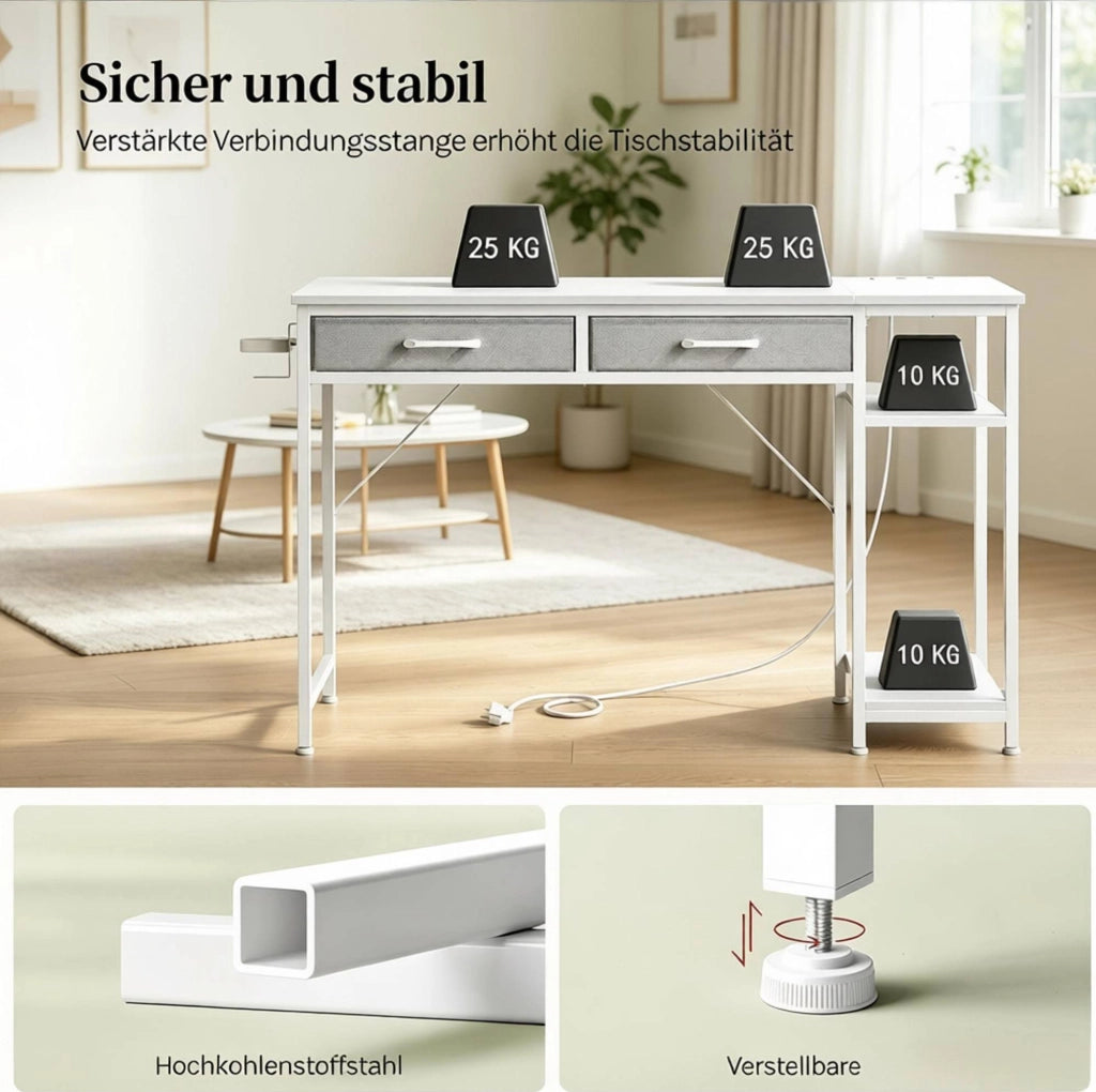 Scrivania ULEVR 120x51x75 cm con 2 cassetti in tessuto, ripiano laterale, prese USB e Type-C, bianca