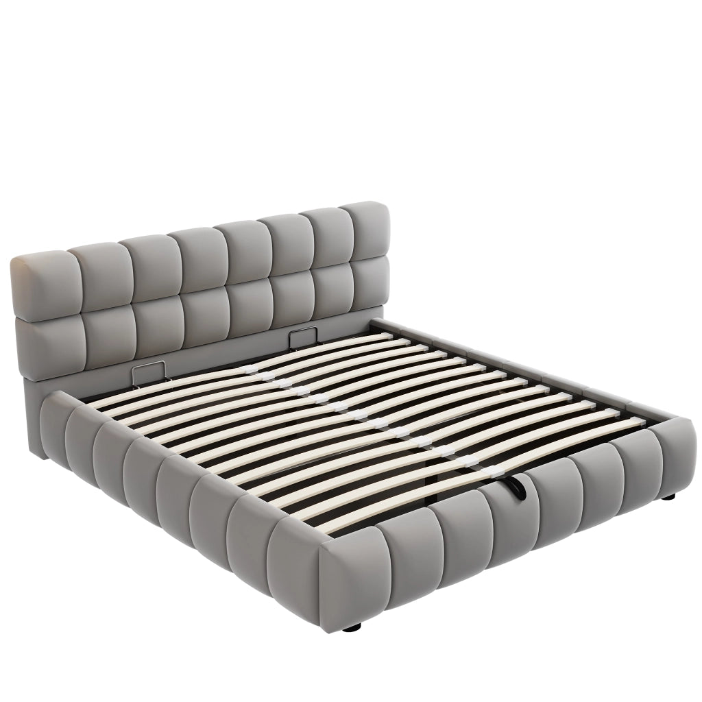 OKWISH Letto Contenitore 140×200 cm, Letto Matrimoniale con Contenitore Idraulico e Testiera Imbottita, senza Materasso, in Velluto, Grigio