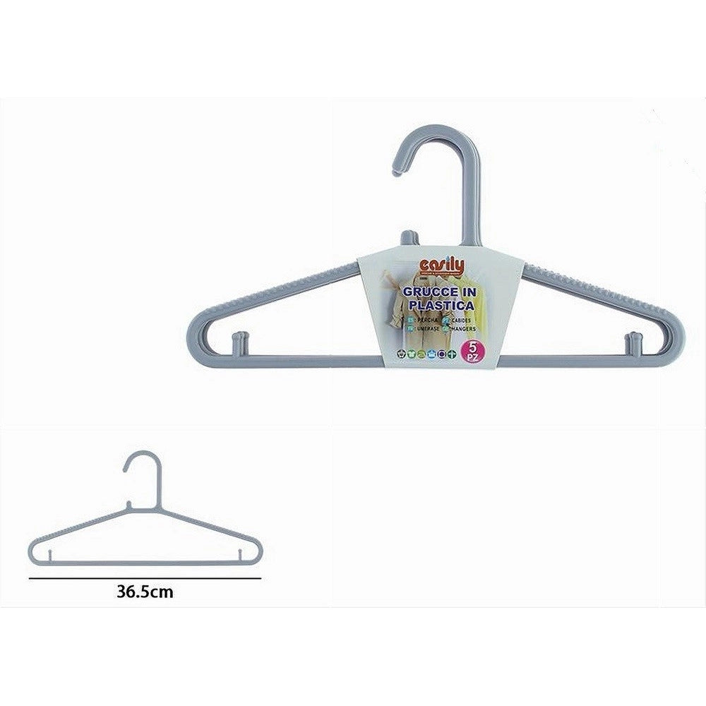 Trade Shop - Set 5pz Grucce Stampelle Appendiabito In Plastica Grigia Pantaloni Giacche 87689 -