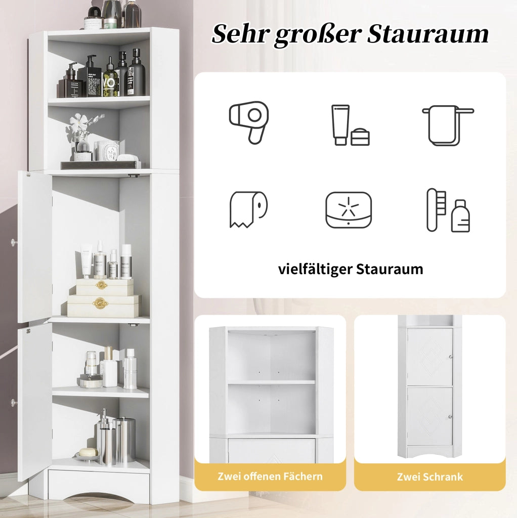 Mobile angolare da bagno bianco con ripiani, 36,5 x 36,5 x 155 cm