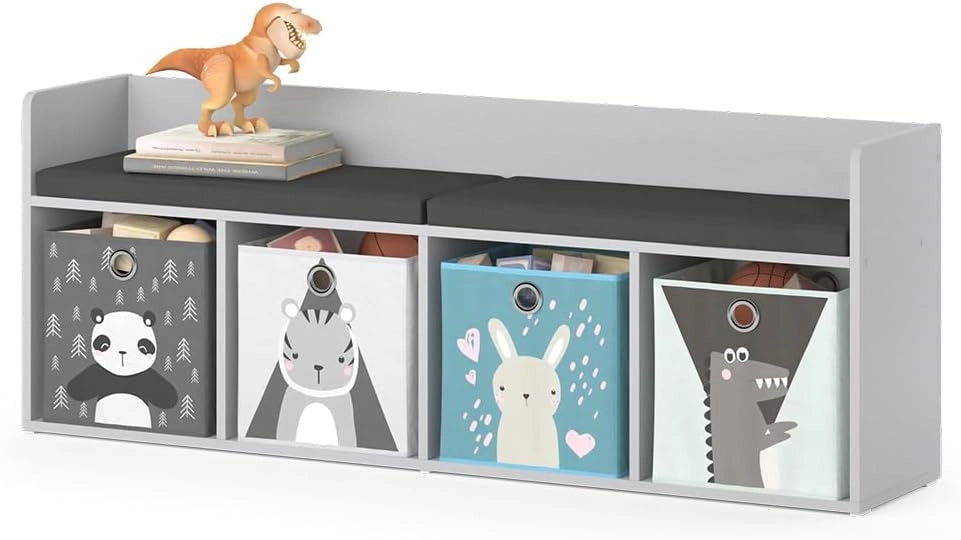 Scaffale per bambini Luigi, Bianco, 107.2 x 88.6 cm 4 scomparti, con cassette pieghevoli grigie, combinabile con altri elementi della serie Luigi
