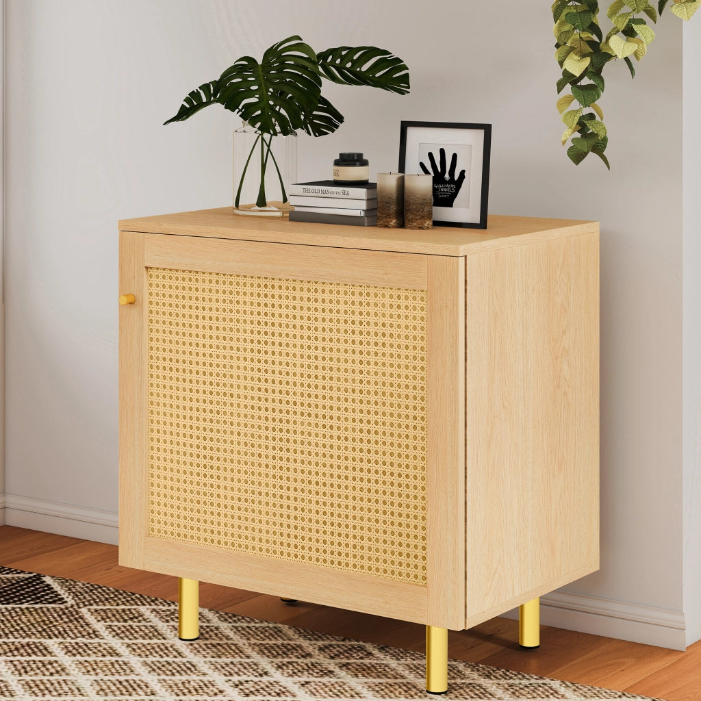 ARMADIO A 1 ANTA 63x60x40 cm Effetto legno naturale con rattan