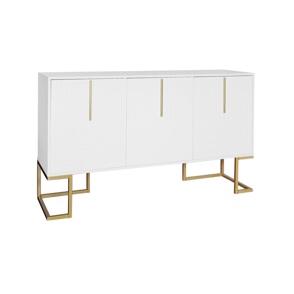 Credenza a 3 ante con ripiani regolabili e base in metallo per soggiorno cucina e sala da pranzo; bianco