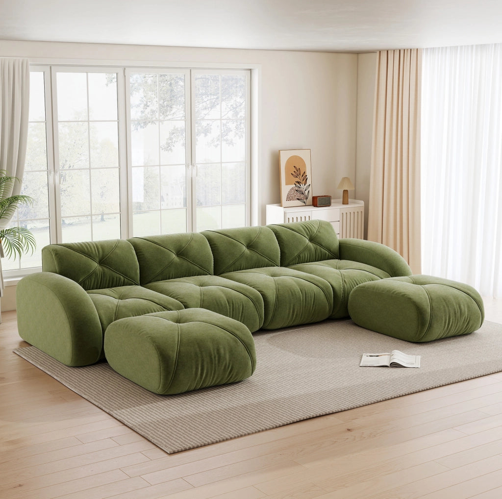 Divano modulare senza braccioli in chenille verde; 358x171x76 cm; con schiuma 32D