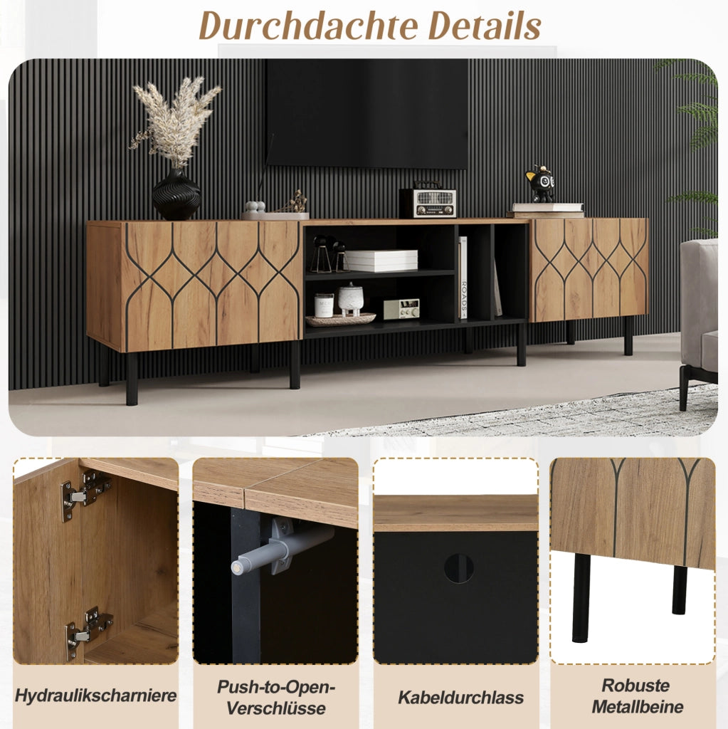 Mobile TV 180x40x50 cm con 2 ante push-to-open e 4 vani, naturale e nero
