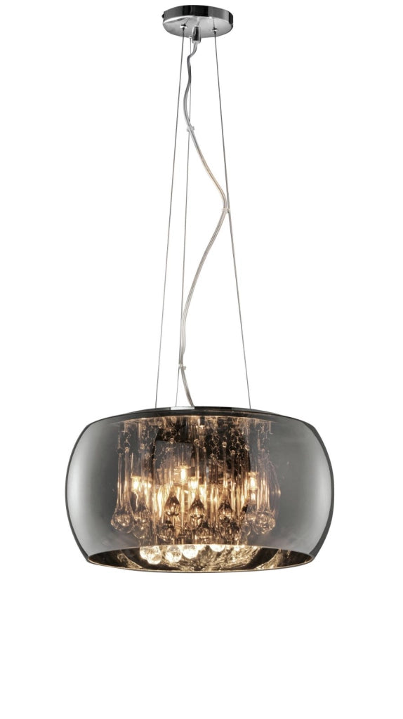 VAPORE SOSPENSIONE VETRO CROMO CON PENDAGLI VETRO DIMMERABILE D. 40CM 5 LUCI ATTCCO G9