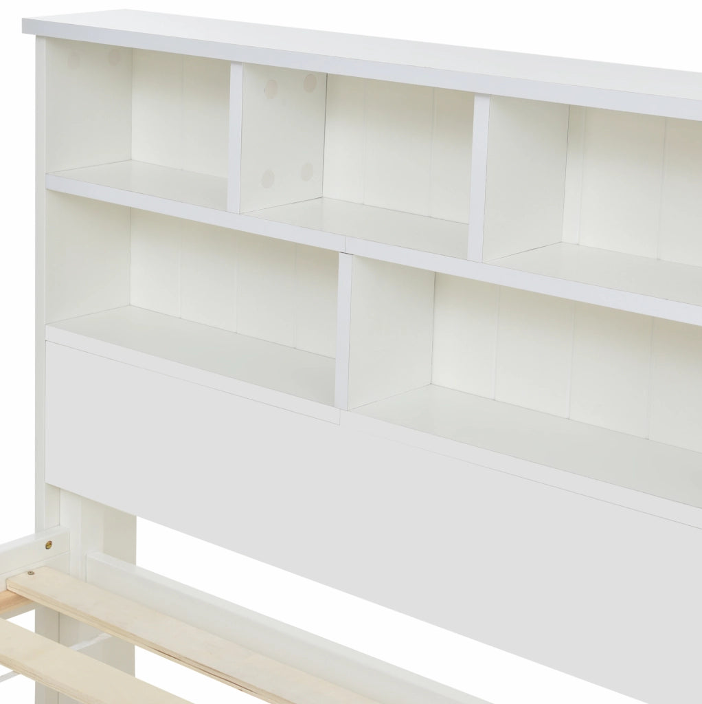 Letto 140x200 cm con cassetti e testiera libreria in legno di pino e MDF bianco