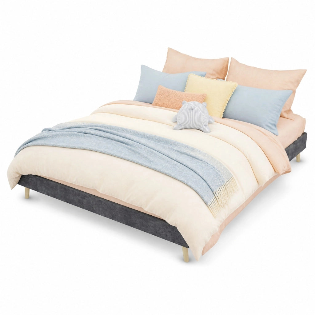 Letto matrimoniale 160x200 cm in tessuto grigio con testiera geometrica