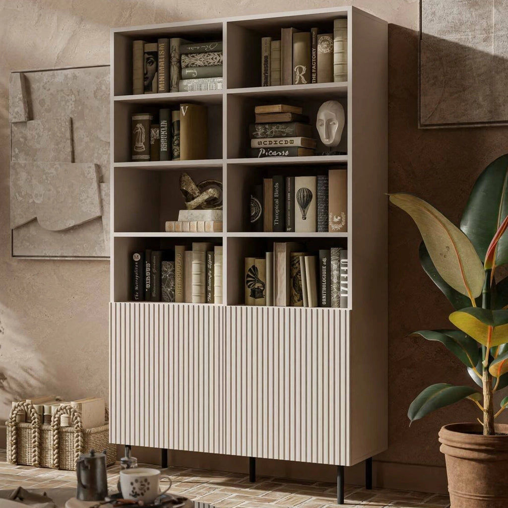 Libreria Ghilarza, Mobile portalibri con vani aperti e due ante, Rialzato da terra, 100x42 h177 cm, Beige